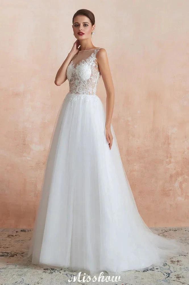 Beautiful Bateau Neck White Wedding Dress Sparkly Sequins Lace Bridal Gown by misshow.com