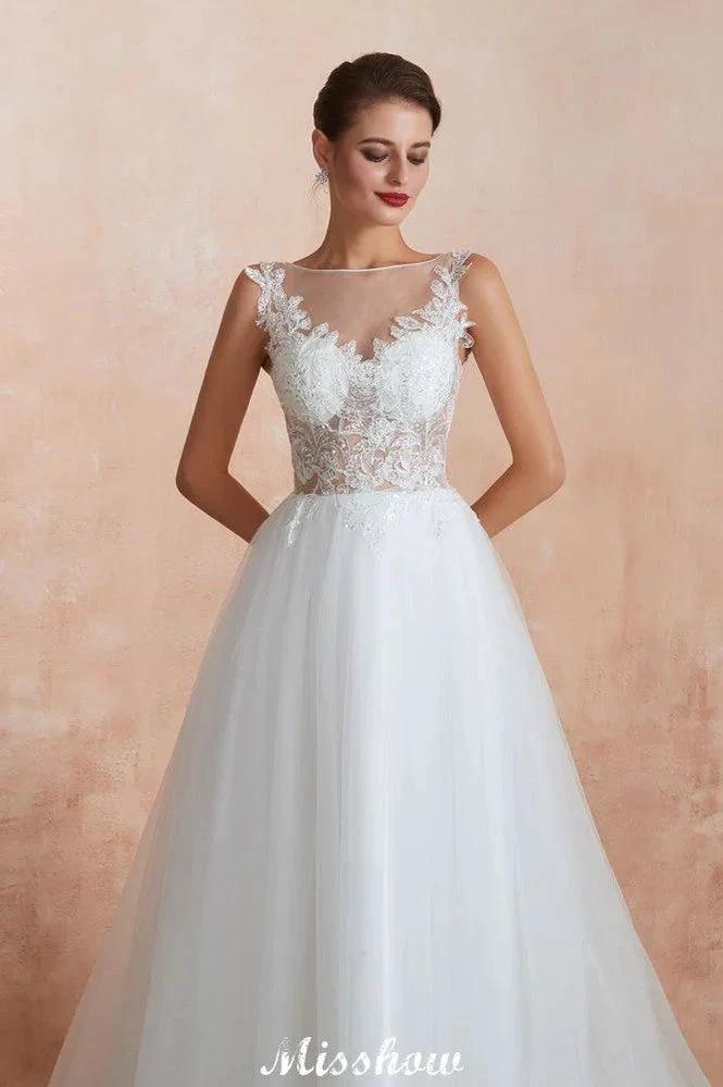 Beautiful Bateau Neck White Wedding Dress Sparkly Sequins Lace Bridal Gown by misshow.com