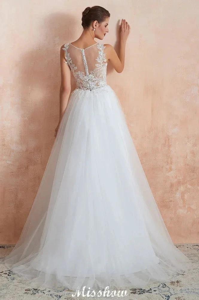 Beautiful Bateau Neck White Wedding Dress Sparkly Sequins Lace Bridal Gown by misshow.com