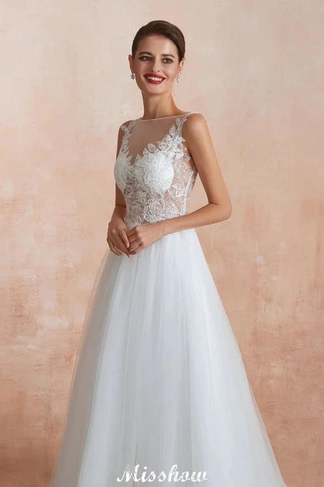 Beautiful Bateau Neck White Wedding Dress Sparkly Sequins Lace Bridal Gown by misshow.com