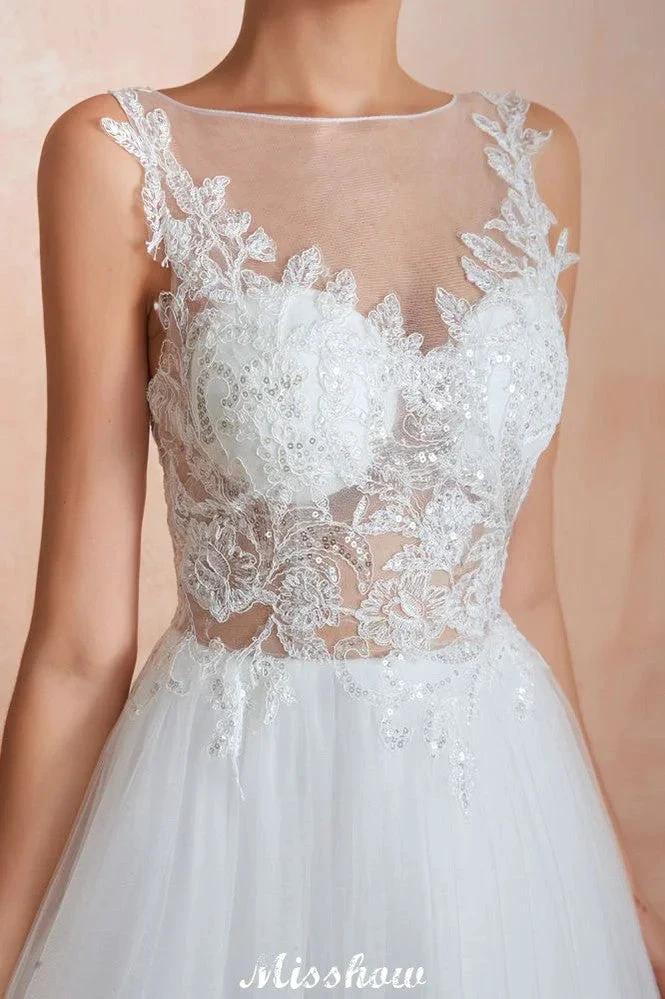 Beautiful Bateau Neck White Wedding Dress Sparkly Sequins Lace Bridal Gown by misshow.com