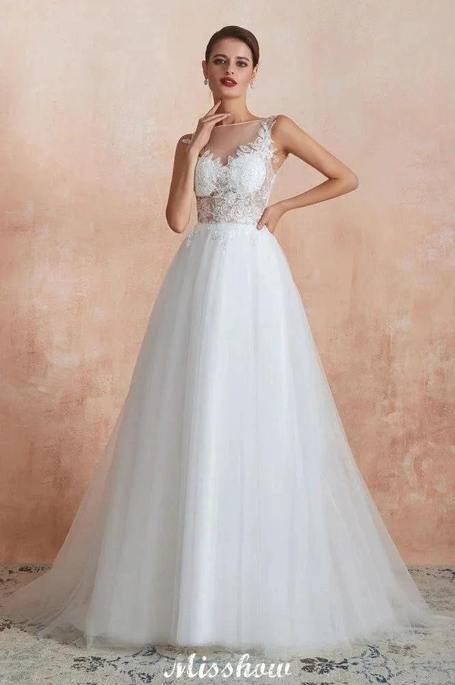 Beautiful Bateau Neck White Wedding Dress Sparkly Sequins Lace Bridal Gown by misshow.com
