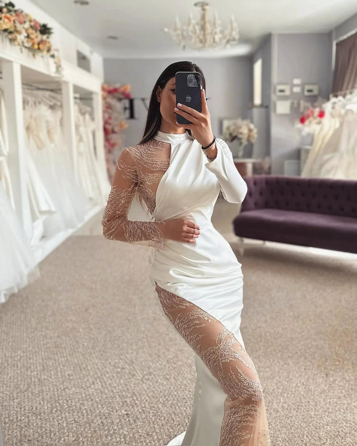 Beautiful Column Satin Lace Halter Long Sleeve Wedding Dress With Appliques by misshow.com