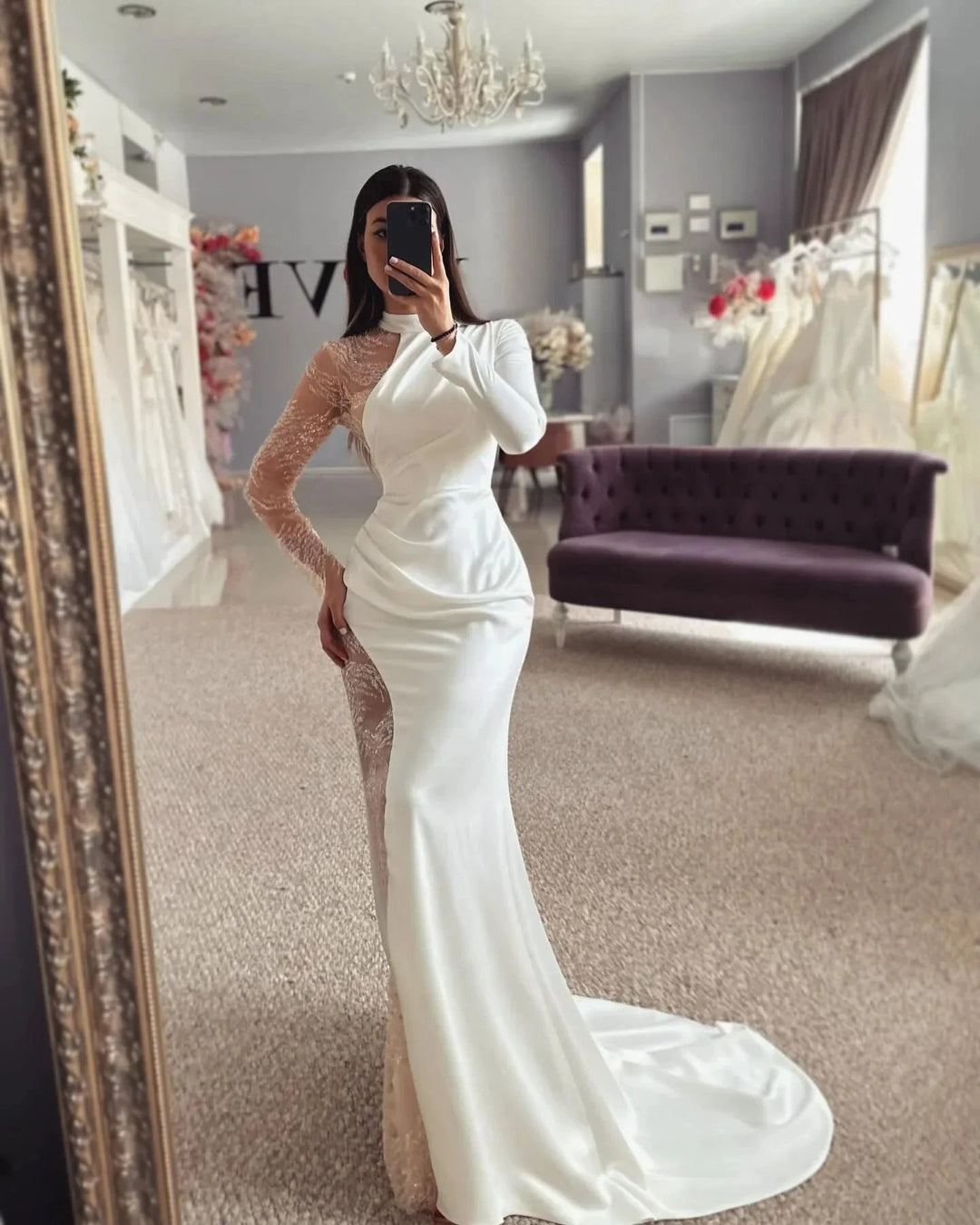 Beautiful Column Satin Lace Halter Long Sleeve Wedding Dress With Appliques by misshow.com