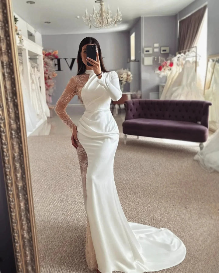 Beautiful Column Satin Lace Halter Long Sleeve Wedding Dress With Appliques by misshow.com
