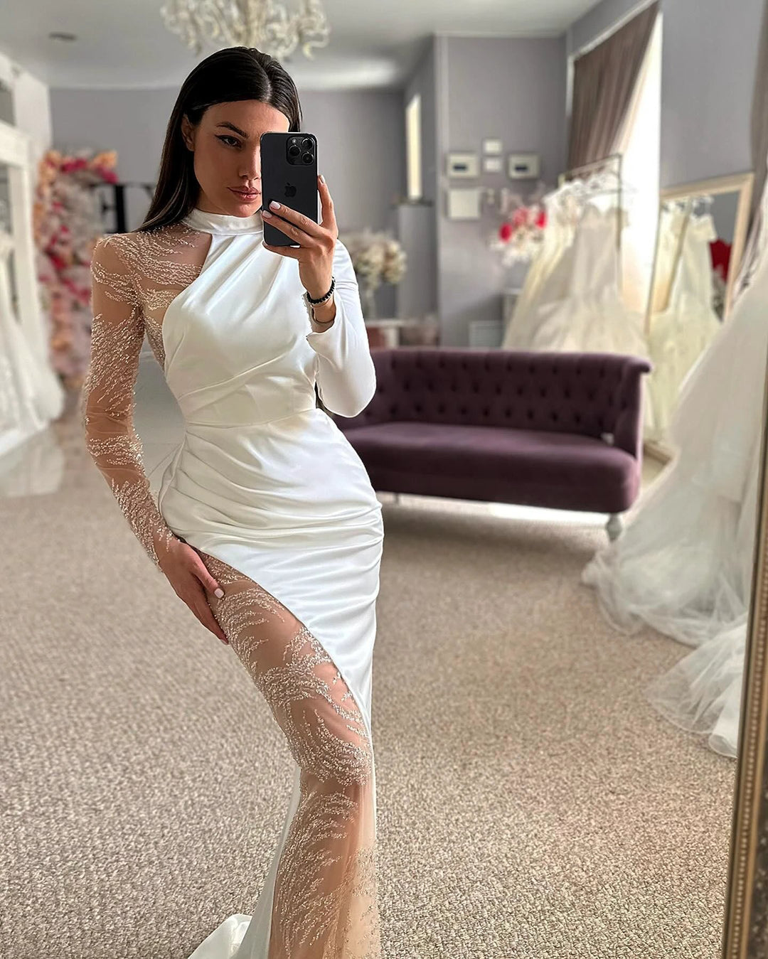 Beautiful Column Satin Lace Halter Long Sleeve Wedding Dress With Appliques by misshow.com