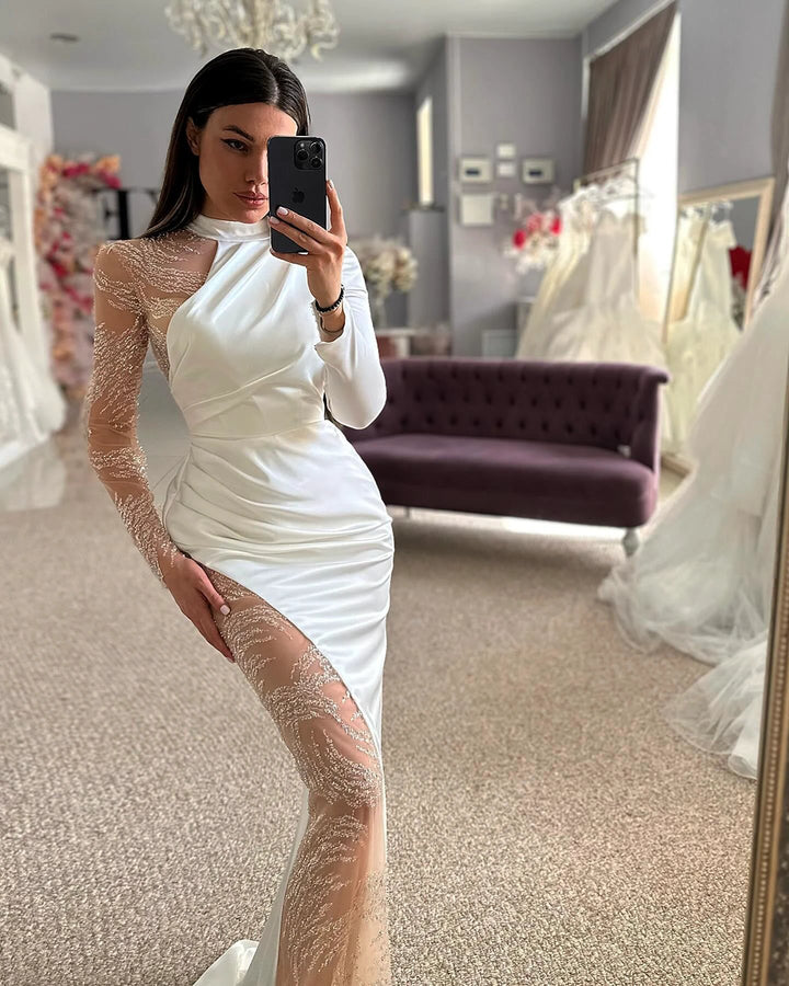 Beautiful Column Satin Lace Halter Long Sleeve Wedding Dress With Appliques by misshow.com