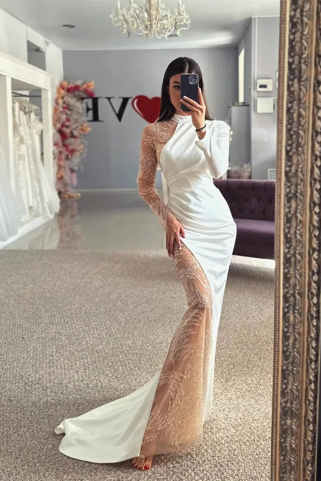 Beautiful Column Satin Lace Halter Long Sleeve Wedding Dress With Appliques by misshow.com