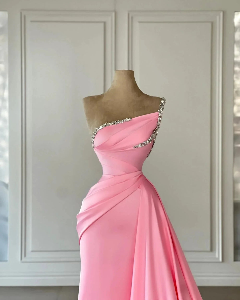 Beautiful Column Satin Strapless Sleeveless Pink Prom Dress With Rhinestone by misshow.com