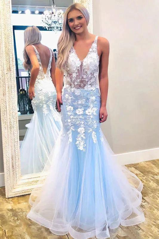 Beautiful Deep V-neck Backless Tulle Mermaid Prom Dress With Floral Lace by BIZTUNNEL