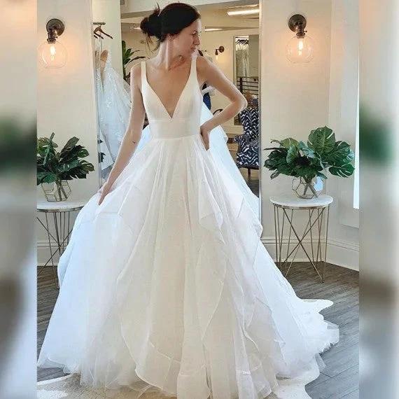 Beautiful Deep V-Neck Sleeveless Tulle Wedding Dress with Ruffless by misshow.com