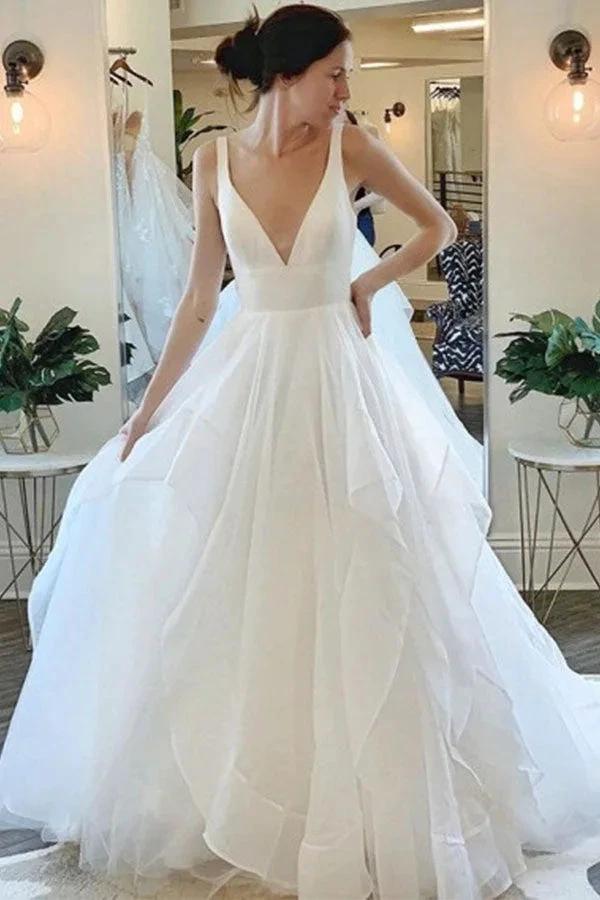 Beautiful Deep V-Neck Sleeveless Tulle Wedding Dress with Ruffless by misshow.com