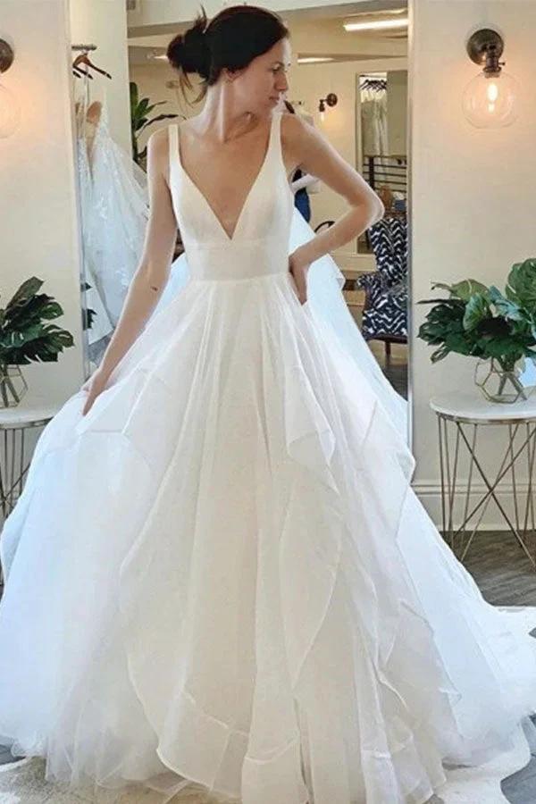 Beautiful Deep V-Neck Sleeveless Tulle Wedding Dress with Ruffless by misshow.com