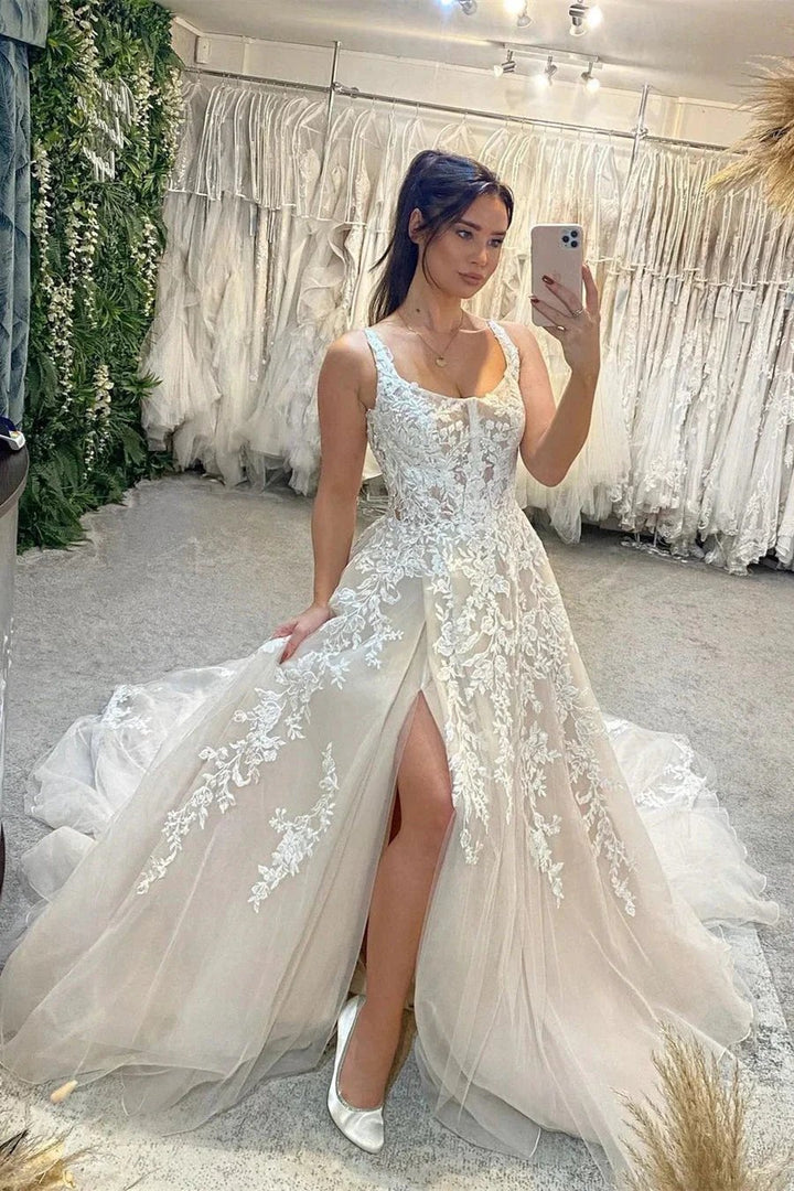 Beautiful Floor Length Sleeveless Straps A-Line Lace Wedding Dress with Split by misshow.com