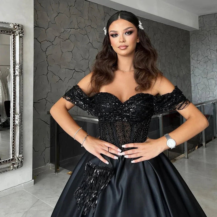 Beautiful Floor Length Sweetheart Off-The-Shoulder A-Line Satin Black Prom Dress with Beads by misshow.com