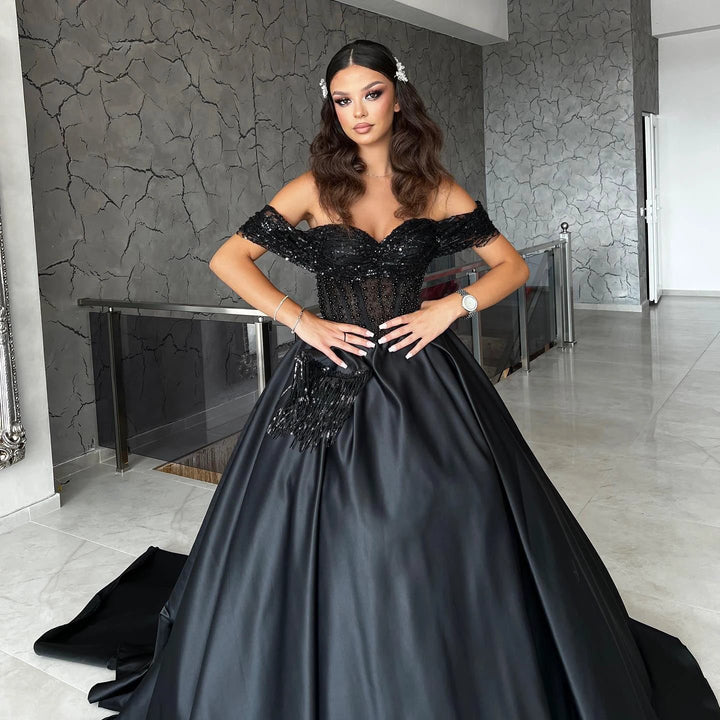 Beautiful Floor Length Sweetheart Off-The-Shoulder A-Line Satin Black Prom Dress with Beads by misshow.com