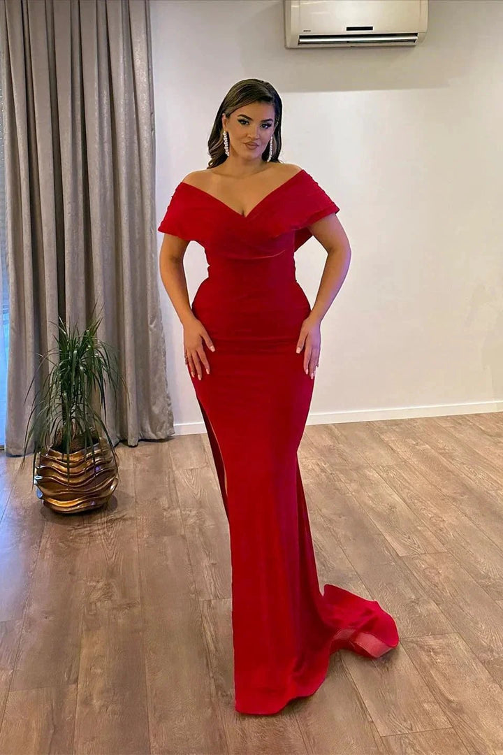 Beautiful Floor Length V-Neck Off-The-Shoulder Mermaid Ruby Prom Dress with Split by misshow.com