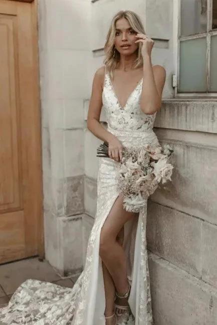 Beautiful Floral Lace Mermaid Sleeveless V-Neck Side Slit Wedding Dress by misshow.com