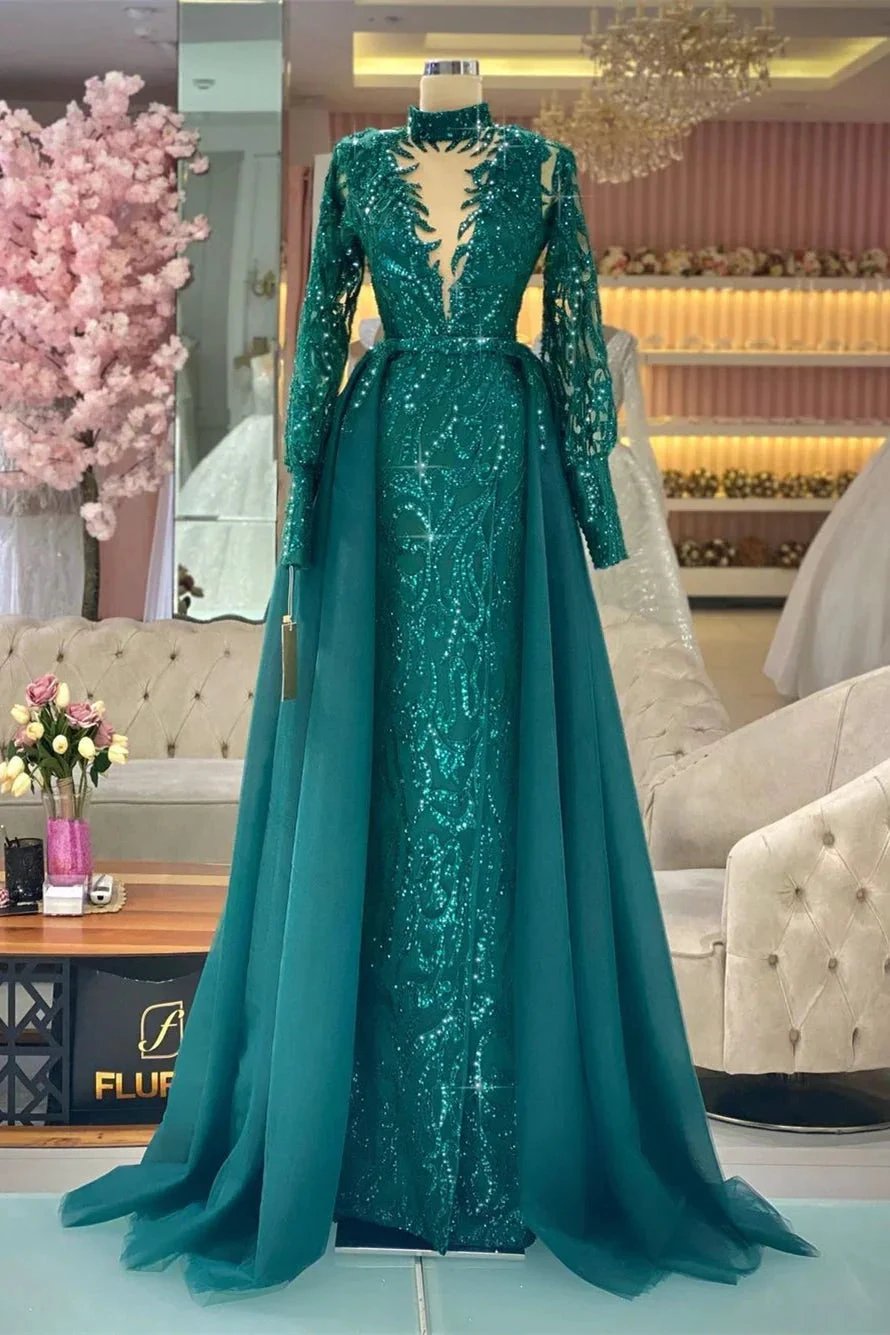 Beautiful Green A-line Long Sleeves High Neck Prom Dress With Lace by misshow.com