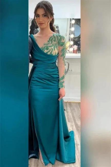 Beautiful Green Long Beading Long Sleeves Prom Dress With Slit by misshow.com
