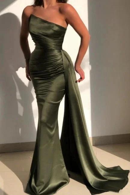 Beautiful Green Strapless Sleeveless Mermaid Floor-Length Prom Dresses with Ruffles by misshow.com