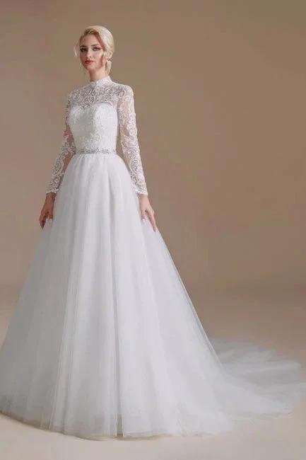 Beautiful Jewel Long-Sleeve A-Line Floor-Length Wedding Dresses with Pattern by misshow.com