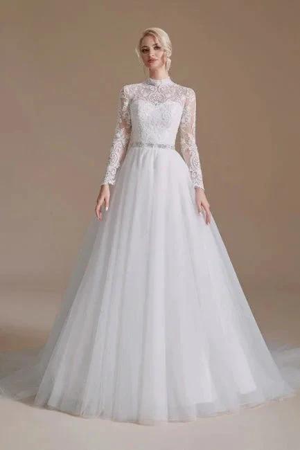 Beautiful Jewel Long-Sleeve A-Line Floor-Length Wedding Dresses with Pattern by misshow.com