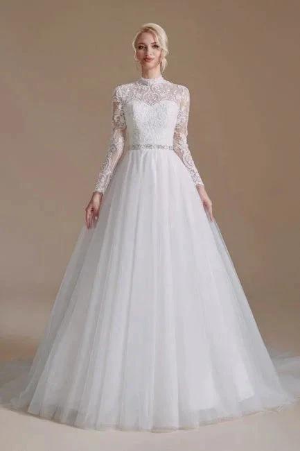 Beautiful Jewel Long-Sleeve A-Line Floor-Length Wedding Dresses with Pattern by misshow.com