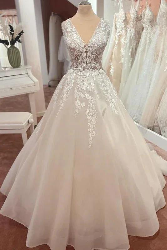 Beautiful Long A-Line Appliques Lace Tulle Wedding Dress by BIZTUNNEL