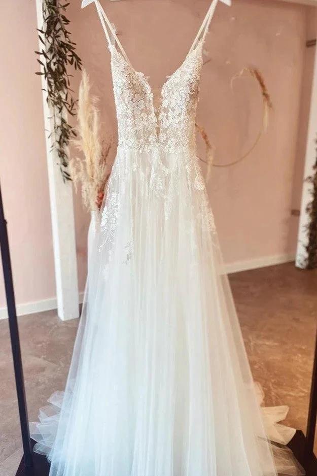 Beautiful Long A-line Backless Tulle Wedding Dresses with Appliques Lace by BIZTUNNEL