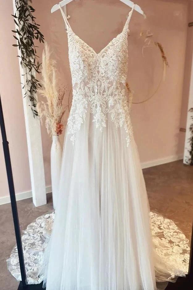 Beautiful Long A-line Backless Tulle Wedding Dresses with Appliques Lace by BIZTUNNEL