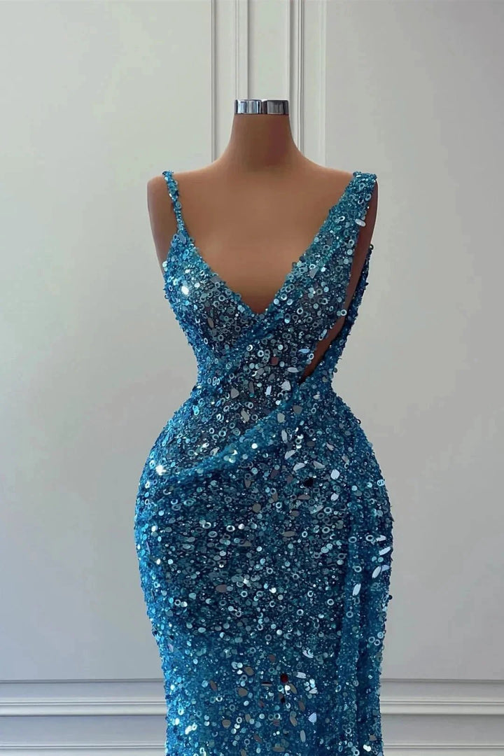 Beautiful Long A-line Blue V-neck Sequined Sleeveless Prom Dress by misshow.com