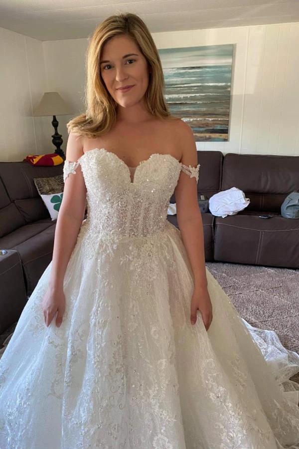 Beautiful Long A-line Off-the-shoulder Lace Appliques Wedding Dress with Beads by BIZTUNNEL