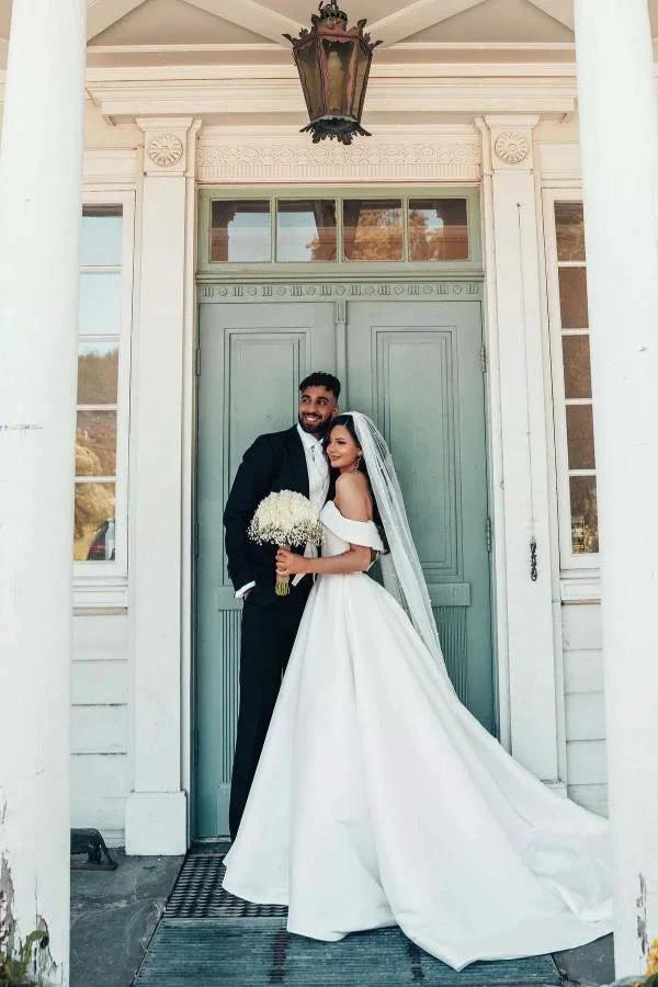Beautiful Long A-line Off the Shoulder Satin Wedding Dresses by BIZTUNNEL