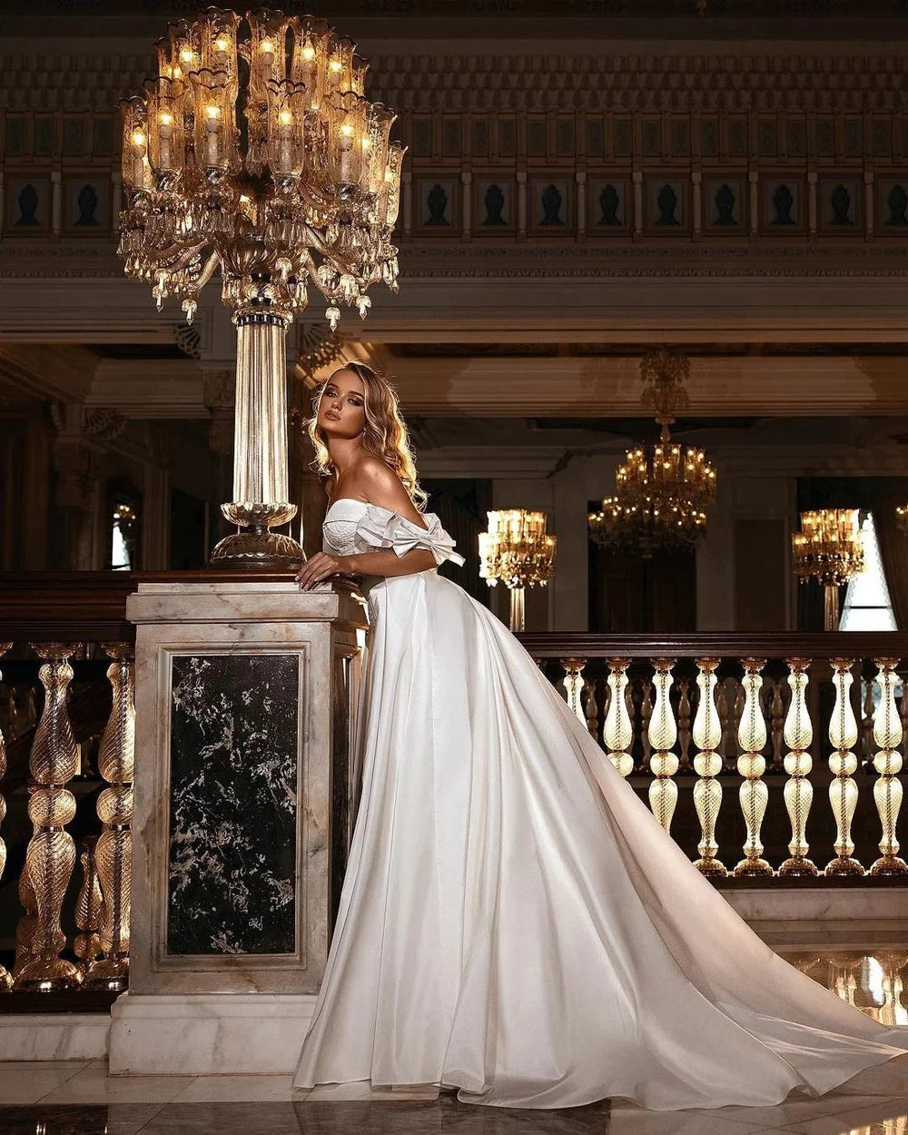 Beautiful Long A-line Off-the-shoulder Sweetheart Appliques Lace Satin Wedding Dress by BIZTUNNEL