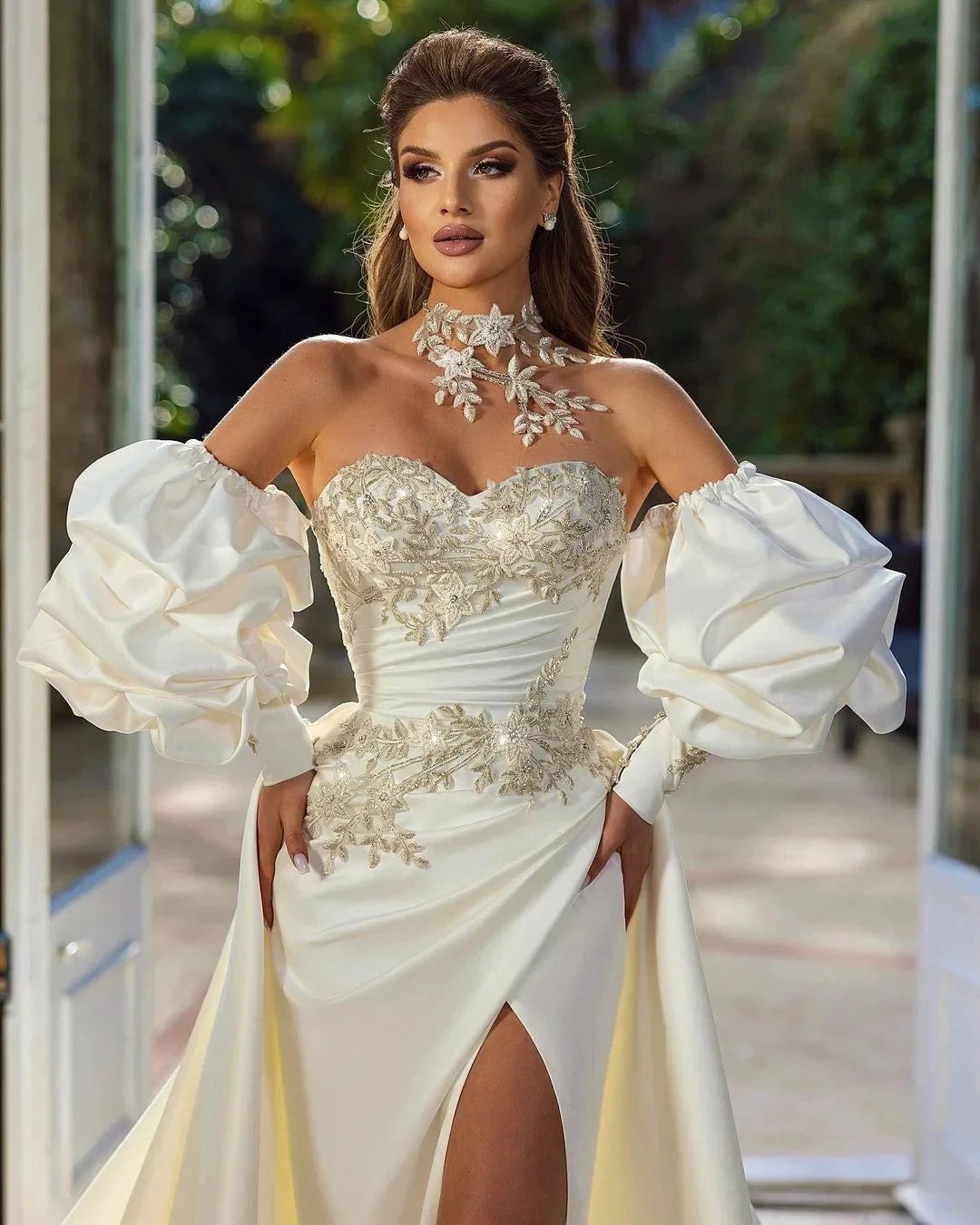 Beautiful Long A-Line Sleeveless Strapless Satin Wedding Dresses With Applique by misshow.com