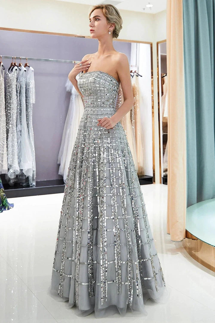 Beautiful Long A-line Strapless Glitter Evening Dresses by BIZTUNNEL