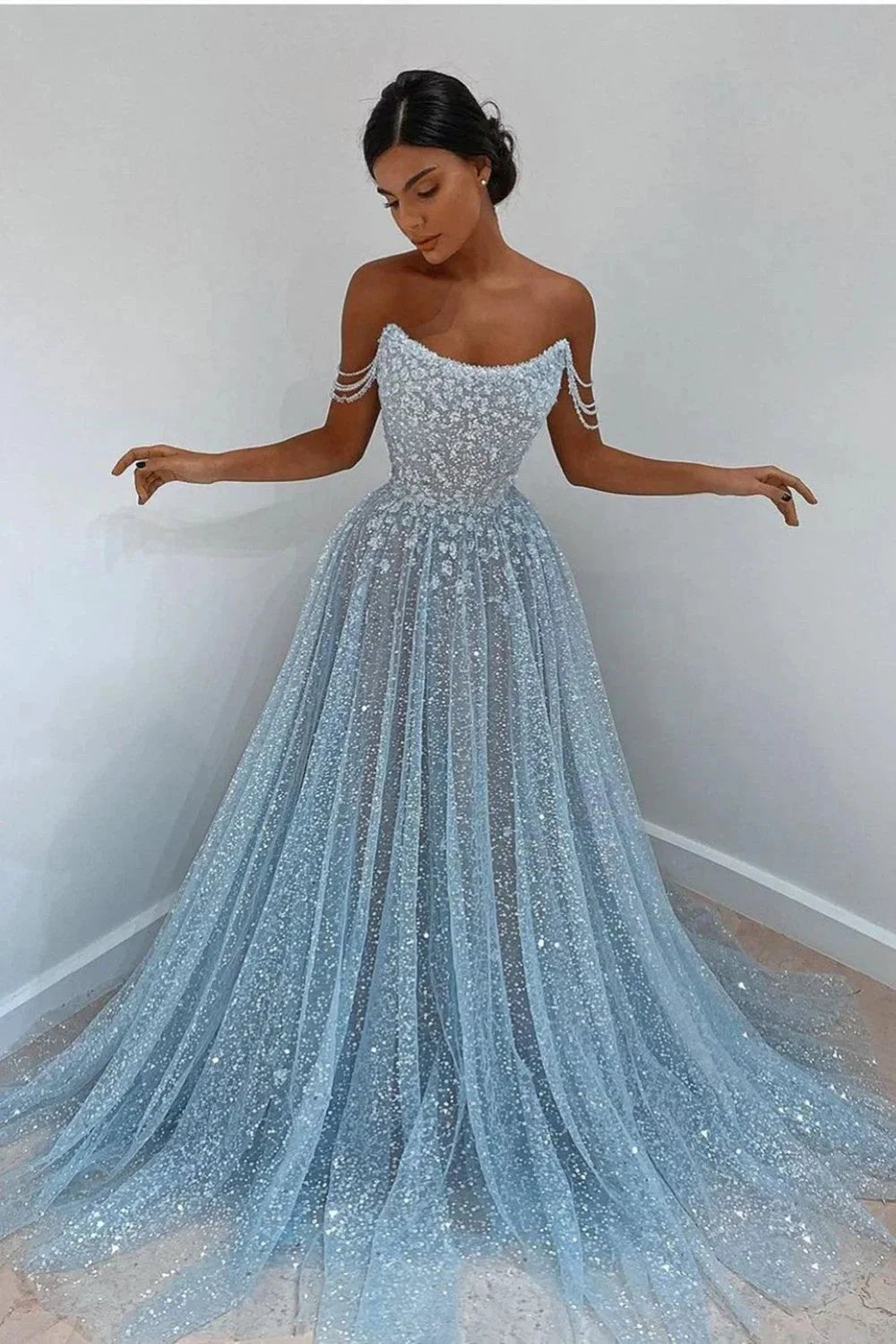 Beautiful Long A-line Scoop Sequined Prom Dress by BIZTUNNEL