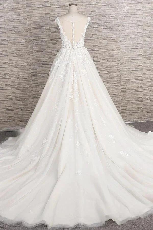 Beautiful Long A-line Tulle Lace Appliques Backless Wedding Dress by BIZTUNNEL