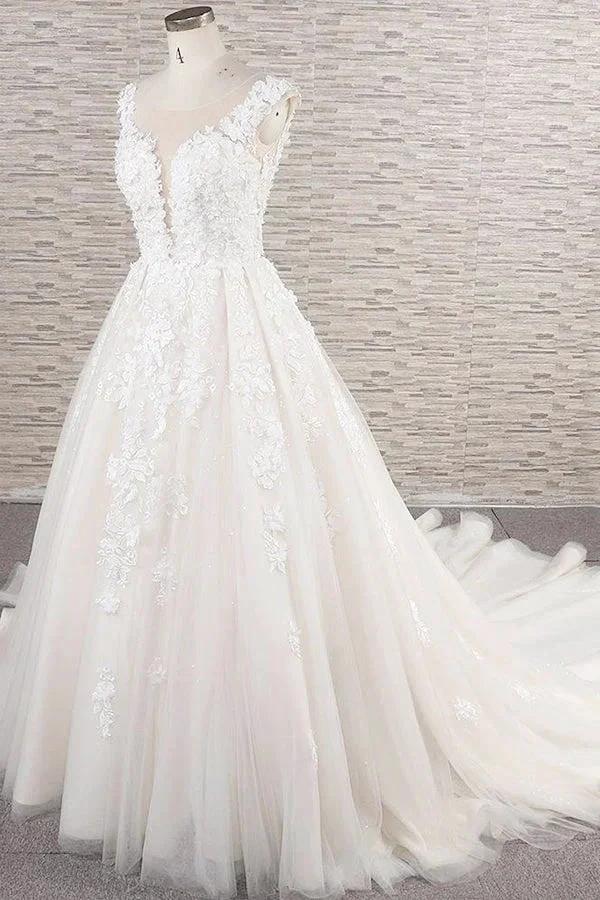 Beautiful Long A-line Tulle Lace Appliques Backless Wedding Dress by BIZTUNNEL