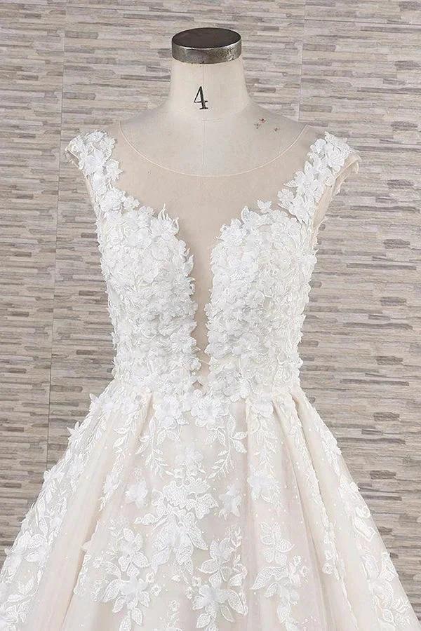 Beautiful Long A-line Tulle Lace Appliques Backless Wedding Dress by BIZTUNNEL