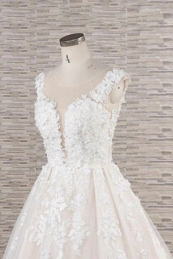 Beautiful Long A-line Tulle Lace Appliques Backless Wedding Dress by BIZTUNNEL