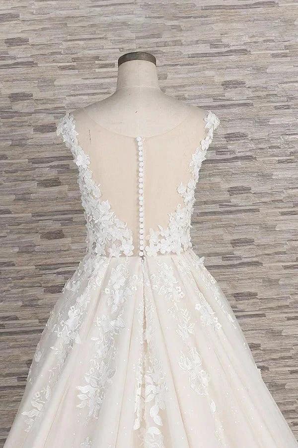 Beautiful Long A-line Tulle Lace Appliques Backless Wedding Dress by BIZTUNNEL