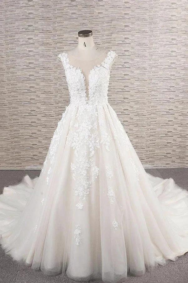 Beautiful Long A-line Tulle Lace Appliques Backless Wedding Dress by BIZTUNNEL
