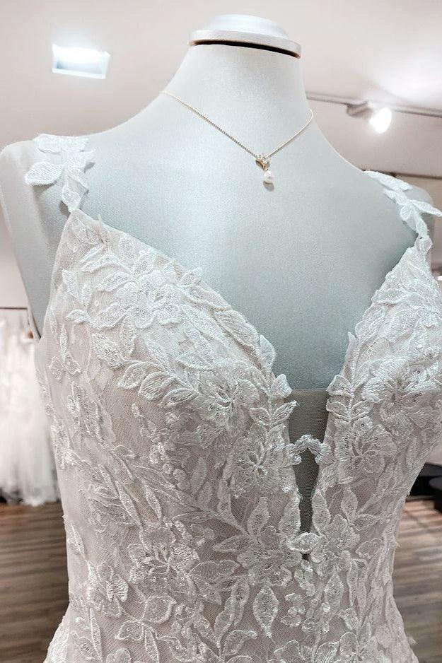 Beautiful Long A-line Tulle Lace V Neck Open Back Wedding Dresses
