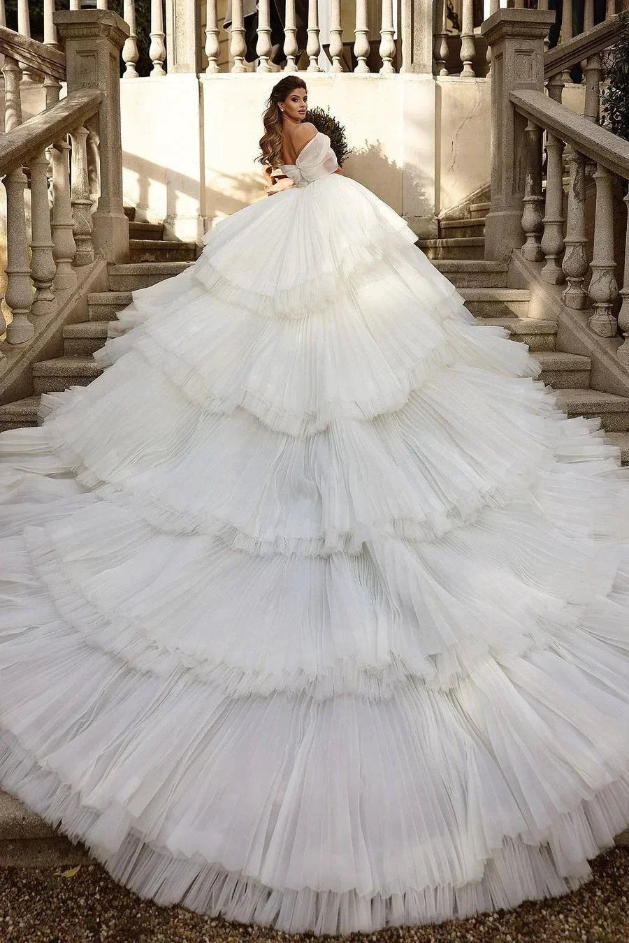 Beautiful Long Ball Gown Ruched Portrait Cathedral Wedding Dresses With Beading by misshow.com