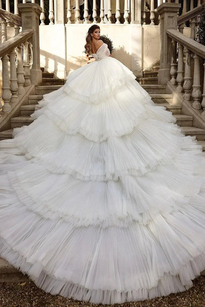 Beautiful Long Ball Gown Ruched Portrait Cathedral Wedding Dresses With Beading by misshow.com