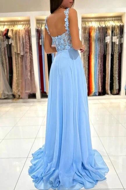 Beautiful Long Blue Simple Straps Appliques Sleeveless Evening Dresses With Slit by misshow.com