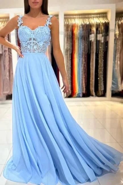 Beautiful Long Blue Simple Straps Appliques Sleeveless Evening Dresses With Slit by misshow.com