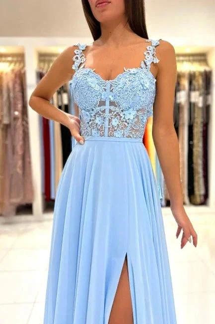 Beautiful Long Blue Simple Straps Appliques Sleeveless Evening Dresses With Slit by misshow.com